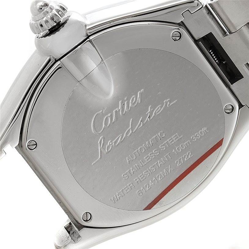 The image shows the back case of the Cartier Roadster W62032X6 Men's Stainless Steel Silver Dial W62032X6 Men's Stainless Steel Silver Dial watch, including the engraved details and part of the bracelet.