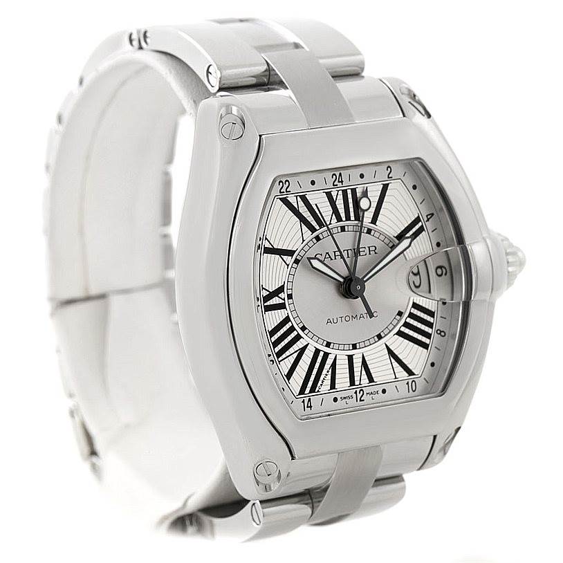 The image shows a Cartier Roadster W62032X6 Men's Stainless Steel Silver Dial W62032X6 Men's Stainless Steel Silver Dial watch at a three-quarter angle, displaying the face, band, and side profile prominently.