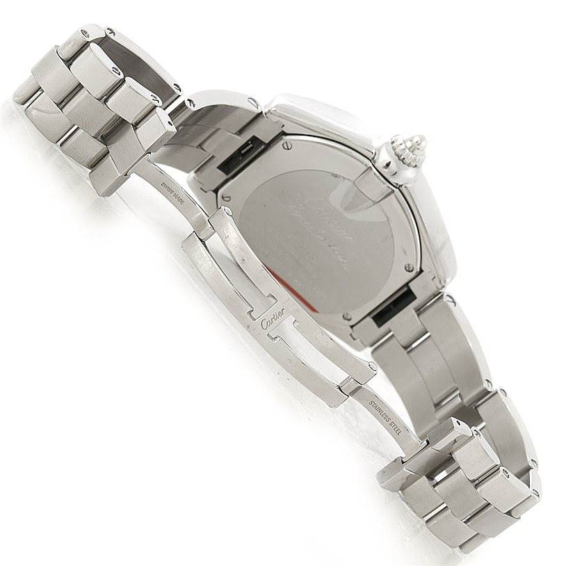 This image shows the back and partially open clasp of a Cartier Roadster W62032X6 Men's Stainless Steel Silver Dial W62032X6 Men's Stainless Steel Silver Dial watch, emphasizing the stainless steel bracelet.
