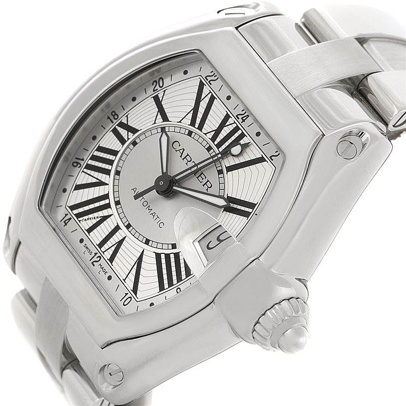 The Cartier Roadster W62032X6 Men's Stainless Steel Silver Dial W62032X6 Men's Stainless Steel Silver Dial watch is shown from an angled side view, highlighting the crown, dial, and part of the bracelet.