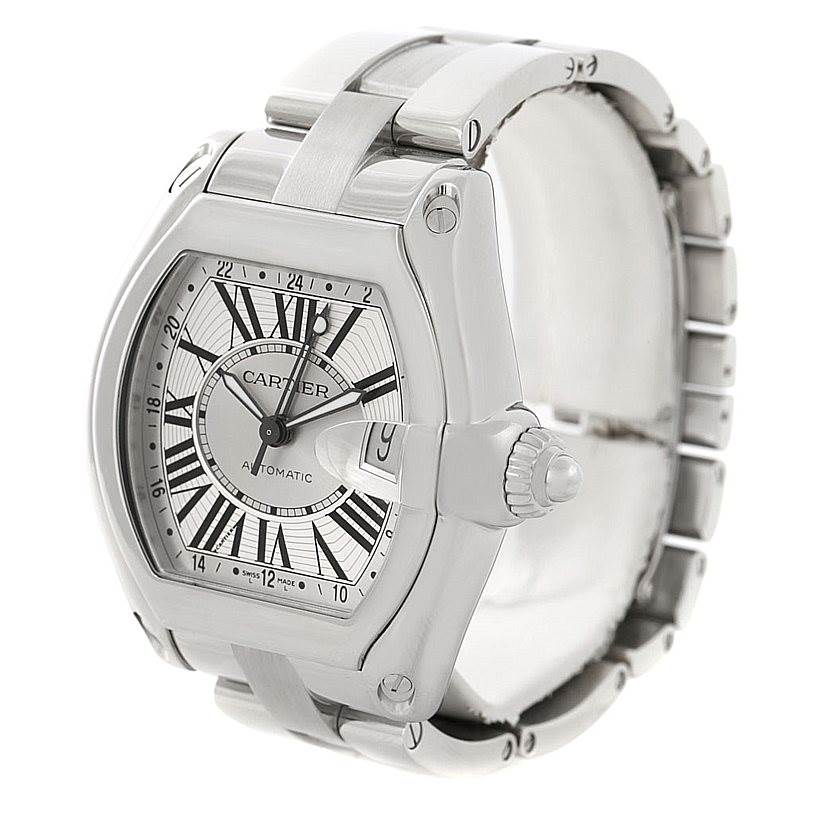 The Cartier Roadster W62032X6 Men's Stainless Steel Silver Dial W62032X6 Men's Stainless Steel Silver Dial watch is shown from a three-quarter angle, highlighting the face, crown, and part of the bracelet.
