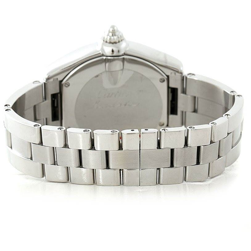 The image shows the back view of a Cartier Roadster W62032X6 Men's Stainless Steel Silver Dial W62032X6 Men's Stainless Steel Silver Dial watch, highlighting its stainless steel case and bracelet.