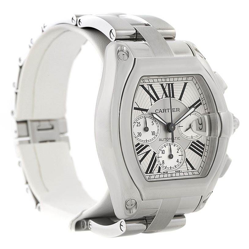 The image shows a Cartier Roadster W62019X6 Men
s Stainless Steel Silver Dial W62019X6 Men
s Stainless Steel Silver Dial watch from a three-quarter angle highlighting the face and stainless steel bracelet.
