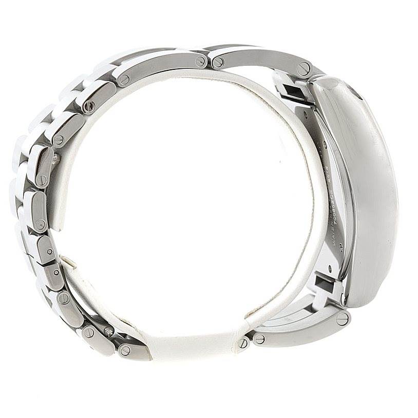 The image shows a side view of the Cartier Roadster W62019X6 Men
s Stainless Steel Silver Dial W62019X6 Men
s Stainless Steel Silver Dial watch, focusing on its metal bracelet and case.