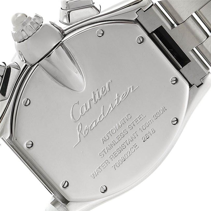 The image shows the case back of a Cartier Roadster W62019X6 Men
s Stainless Steel Silver Dial W62019X6 Men
s Stainless Steel Silver Dial watch, displaying its engraved specifications.