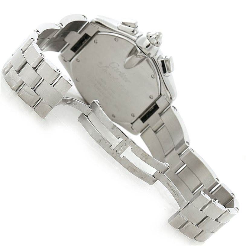 The image shows the back view and bracelet of the Cartier Roadster W62019X6 Men
s Stainless Steel Silver Dial W62019X6 Men
s Stainless Steel Silver Dial watch, including the deployment clasp.