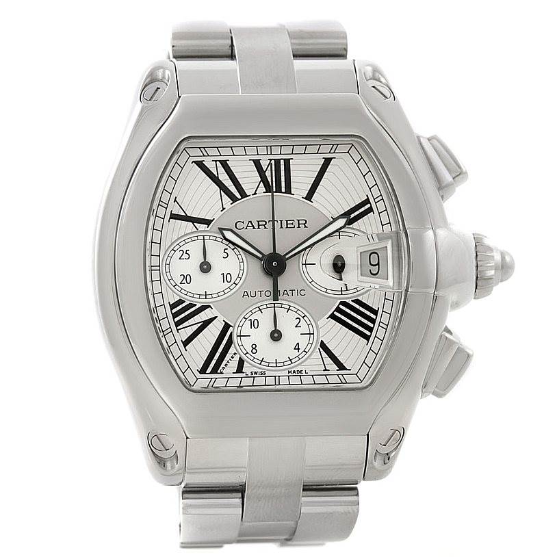This image shows a front view of the Cartier Roadster W62019X6 Men
s Stainless Steel Silver Dial W62019X6 Men
s Stainless Steel Silver Dial watch, highlighting the face, case, buttons, and a portion of the metal bracelet.
