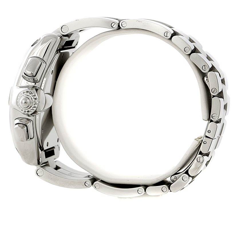 This image shows the side view of a Roadster model watch by Cartier, highlighting the crown, pushers, and metal bracelet.