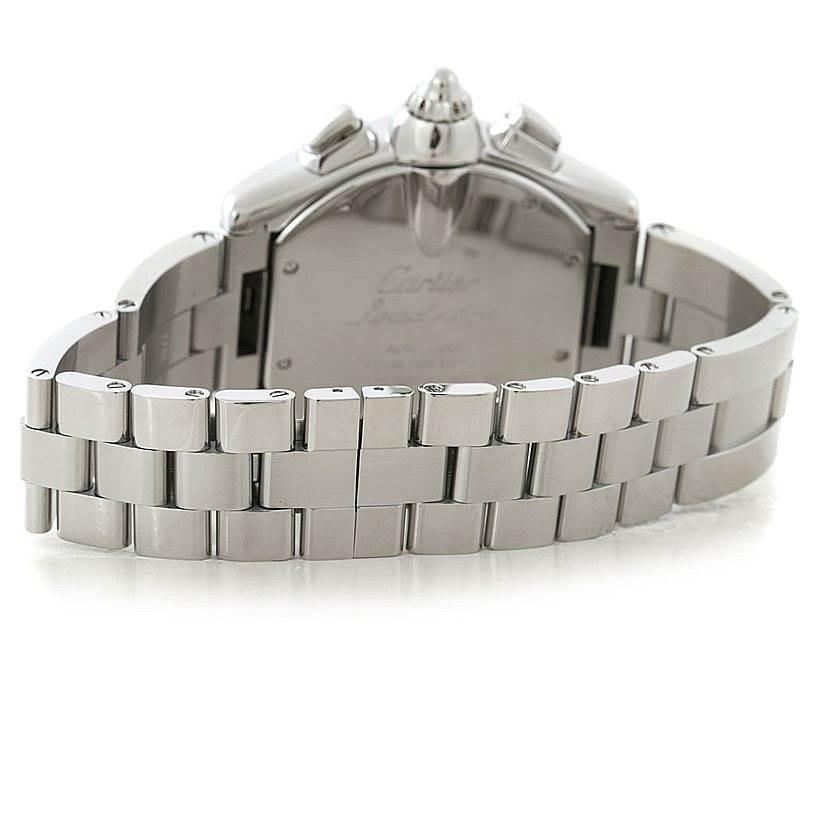 The image shows the back view of the Cartier Roadster W62019X6 Men
s Stainless Steel Silver Dial W62019X6 Men
s Stainless Steel Silver Dial watch, featuring its bracelet and case back.