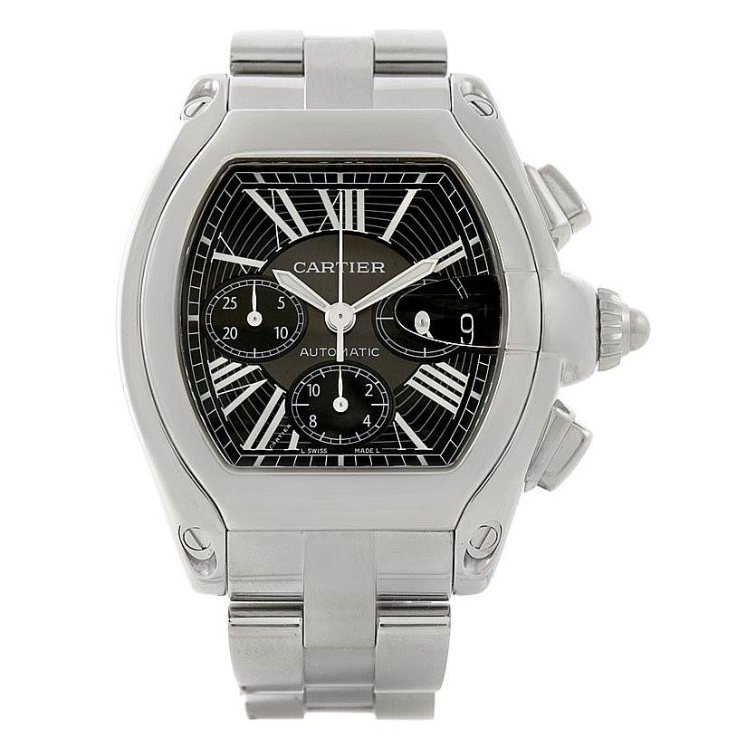 The image shows a frontal view of a Cartier Roadster W62020X6 Men's Stainless Steel Black Dial W62020X6 Men's Stainless Steel Black Dial model watch, displaying its face, bezel, and metal bracelet.