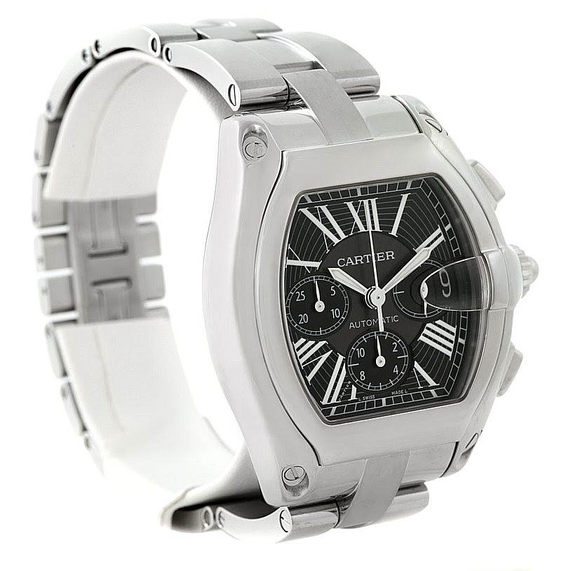 This image shows a Cartier Roadster W62020X6 Men's Stainless Steel Black Dial W62020X6 Men's Stainless Steel Black Dial watch at a three-quarter angle, highlighting the dial, crown, and part of the metal bracelet.