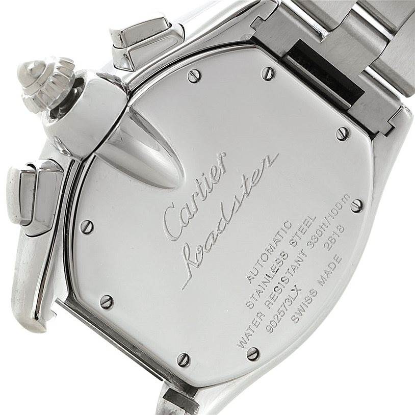 The image shows the back case and part of the bracelet of the Cartier Roadster W62020X6 Men's Stainless Steel Black Dial W62020X6 Men's Stainless Steel Black Dial watch.