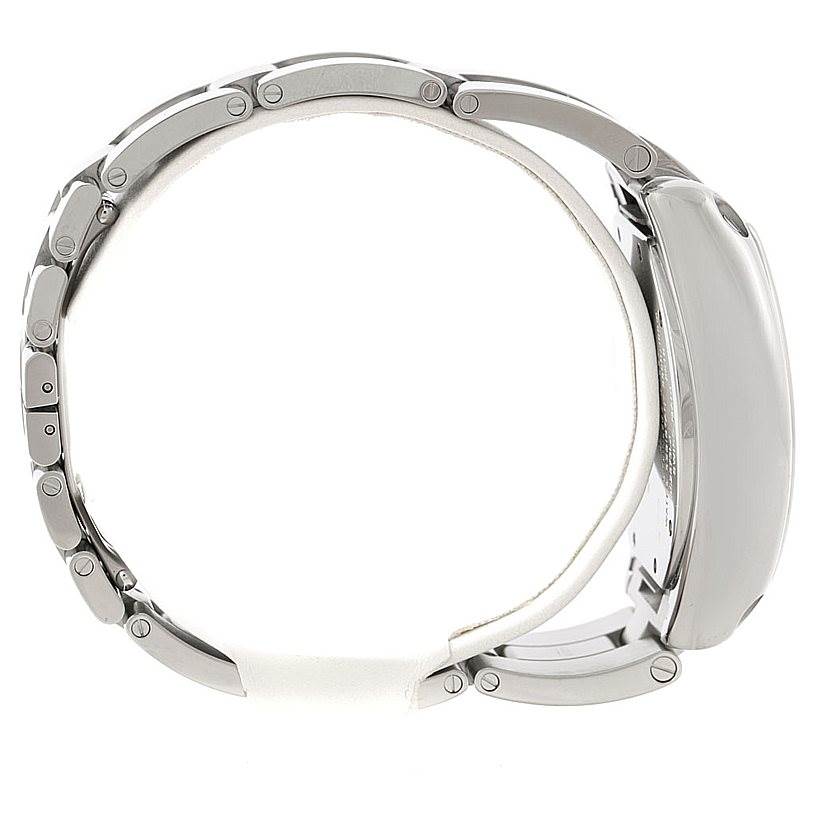 This image shows a Cartier Roadster W62020X6 Men's Stainless Steel Black Dial W62020X6 Men's Stainless Steel Black Dial watch from a side angle, highlighting the band links and case thickness.