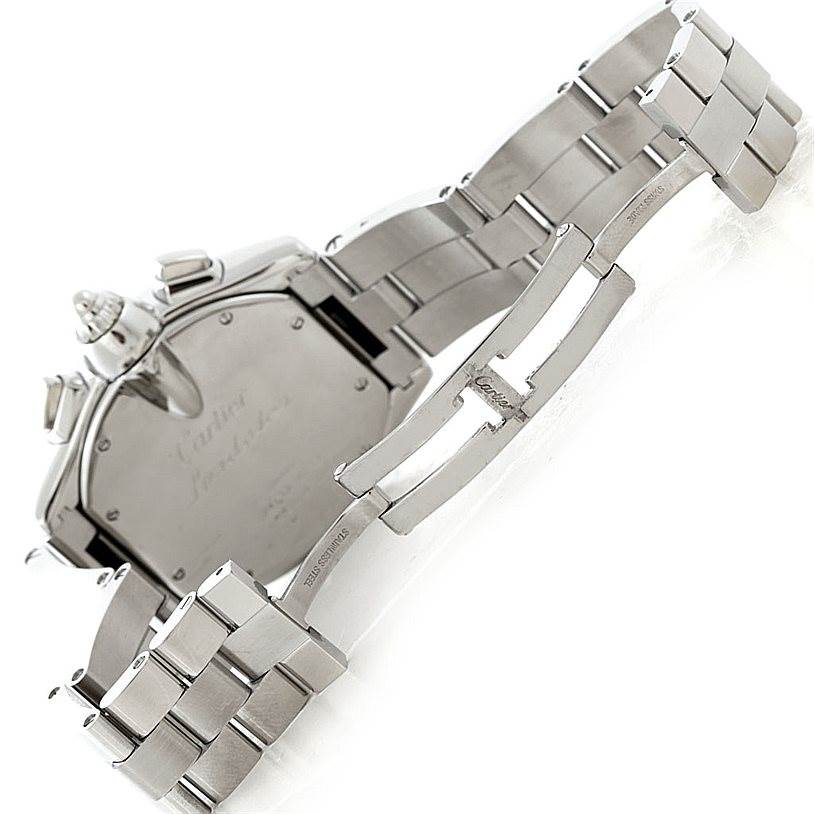 The image shows the back and partially opened bracelet clasp of the Cartier Roadster W62020X6 Men's Stainless Steel Black Dial W62020X6 Men's Stainless Steel Black Dial watch.