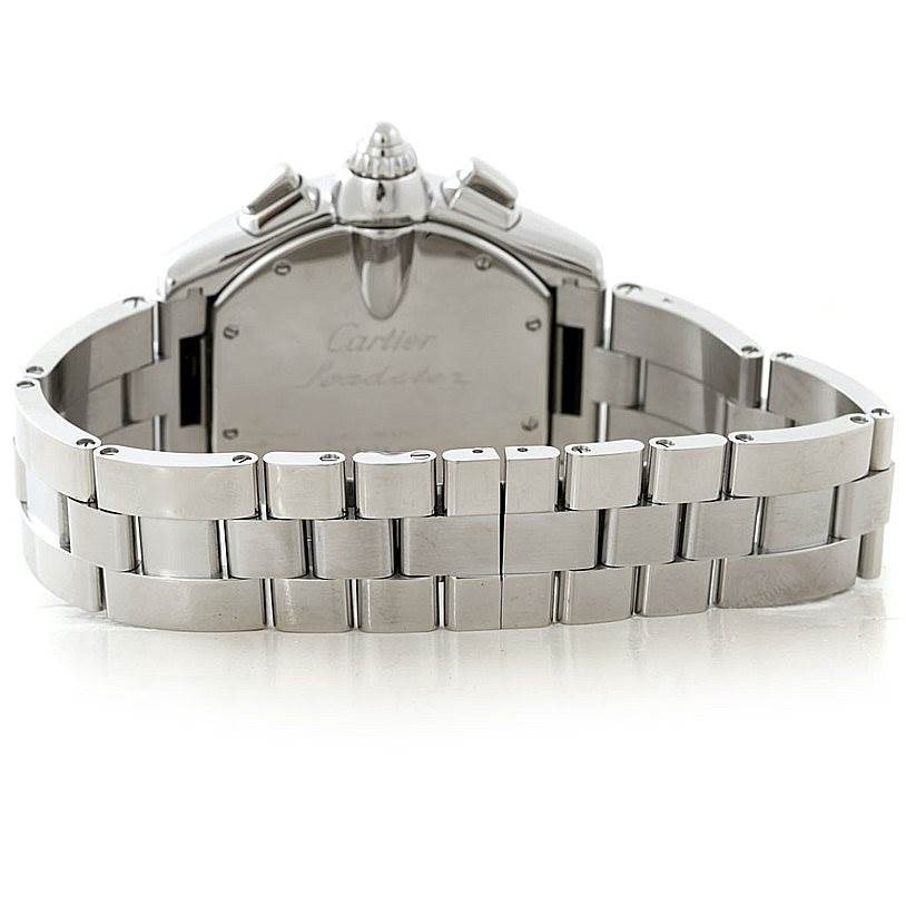 This image shows the rear case and bracelet of a Cartier Roadster W62020X6 Men's Stainless Steel Black Dial W62020X6 Men's Stainless Steel Black Dial watch from a low angle.