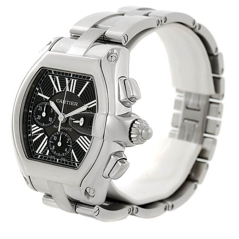 The Cartier Roadster W62020X6 Men's Stainless Steel Black Dial W62020X6 Men's Stainless Steel Black Dial watch is shown at a side angle, highlighting the face, bezel, crown, and stainless steel bracelet.