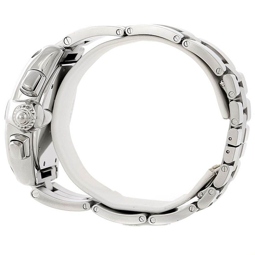 This image shows a side view of the Cartier Roadster W62020X6 Men's Stainless Steel Black Dial W62020X6 Men's Stainless Steel Black Dial watch, highlighting its case, crown, and metal bracelet.