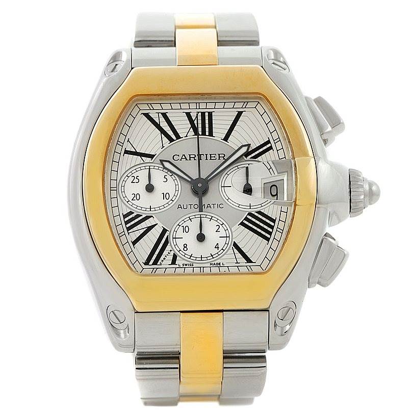 This is a front view of the Roadster model by Cartier, showing the dial, case, crown, and part of the bracelet.