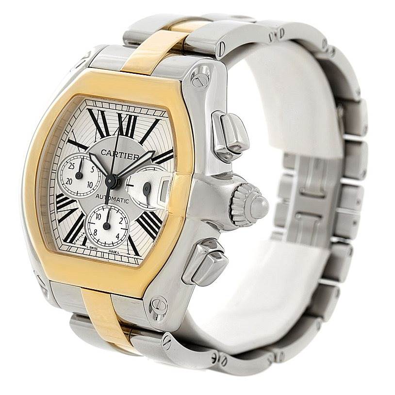 This image shows the Cartier Roadster W62027Z1 Men's Steel and Gold (two tone) Silver Dial W62027Z1 Men's Steel and Gold (two tone) Silver Dial model watch at a three-quarter angle, highlighting its case, bezel, crown, and bracelet.