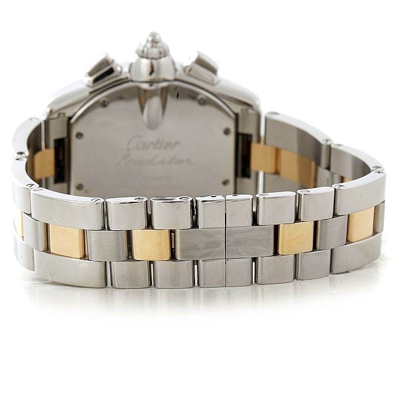The image shows the back of a Cartier Roadster W62027Z1 Men's Steel and Gold (two tone) Silver Dial W62027Z1 Men's Steel and Gold (two tone) Silver Dial watch, highlighting the case back and two-tone metal bracelet.