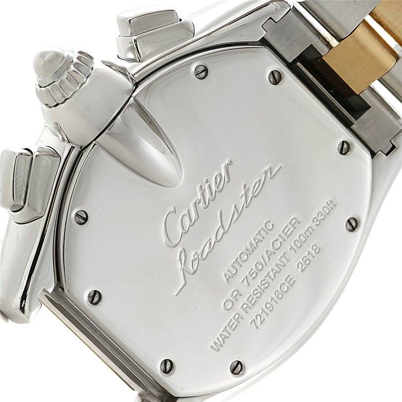 The image shows the back case, crown, and part of the bracelet of a Cartier Roadster W62027Z1 Men's Steel and Gold (two tone) Silver Dial W62027Z1 Men's Steel and Gold (two tone) Silver Dial watch at an angled view.