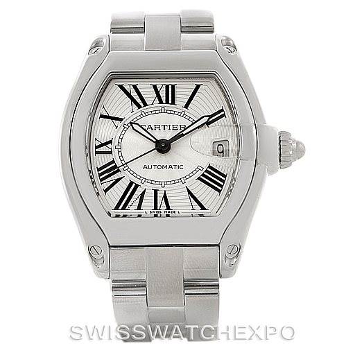 The image shows a front view of the Cartier Roadster W62025V3 Men's Stainless Steel Silver Dial W62025V3 Men's Stainless Steel Silver Dial watch, displaying its dial, casing, and part of the band.