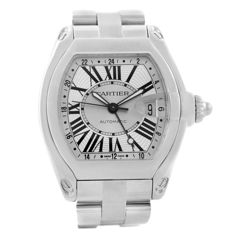 The Cartier Roadster W62032X6 Men's Stainless Steel Silver Dial W62032X6 Men's Stainless Steel Silver Dial watch is shown from the front, highlighting its dial, Roman numerals, and metal bracelet.