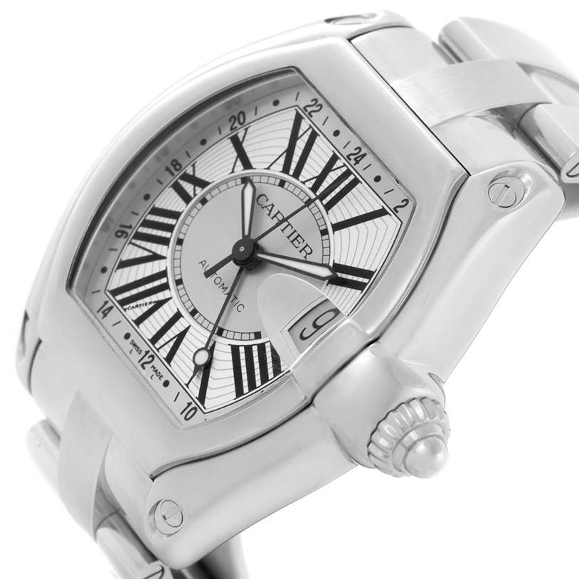 The image shows a close-up angle of the Cartier Roadster W62032X6 Men's Stainless Steel Silver Dial W62032X6 Men's Stainless Steel Silver Dial watch, highlighting the dial, bezel, and part of the bracelet.