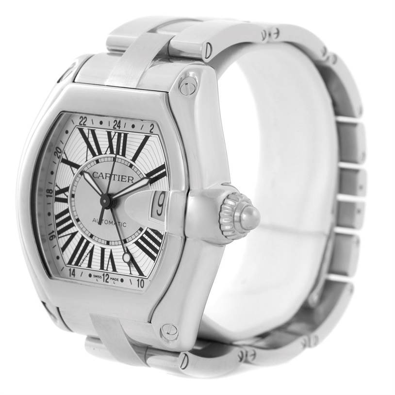 The image shows a Cartier Roadster W62032X6 Men's Stainless Steel Silver Dial W62032X6 Men's Stainless Steel Silver Dial watch at a three-quarter view, highlighting its bezel, crown, dial, and bracelet.