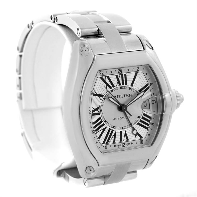 The Cartier Roadster W62032X6 Men's Stainless Steel Silver Dial W62032X6 Men's Stainless Steel Silver Dial watch is shown at a slight right side angle, featuring its bracelet, face, and crown.