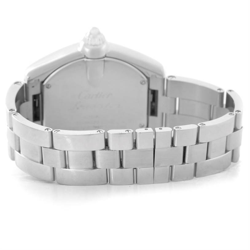 The image shows the back of the Cartier Roadster W62032X6 Men's Stainless Steel Silver Dial W62032X6 Men's Stainless Steel Silver Dial watch, focusing on its metal bracelet and case back.