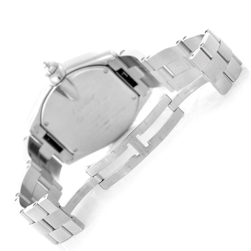 The image shows the back of the Cartier Roadster W62032X6 Men's Stainless Steel Silver Dial W62032X6 Men's Stainless Steel Silver Dial watch facing up with its metal bracelet and clasp clearly visible.