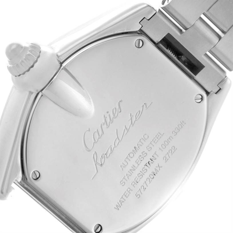 The image shows the back case and part of the bracelet of a Cartier Roadster W62032X6 Men's Stainless Steel Silver Dial W62032X6 Men's Stainless Steel Silver Dial watch, highlighting its specifications.