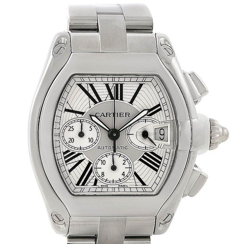 The image shows a front view of a Cartier Roadster W62019X6 Men
s Stainless Steel Silver Dial W62019X6 Men
s Stainless Steel Silver Dial watch, displaying its face, date, subdials, and metal bracelet.