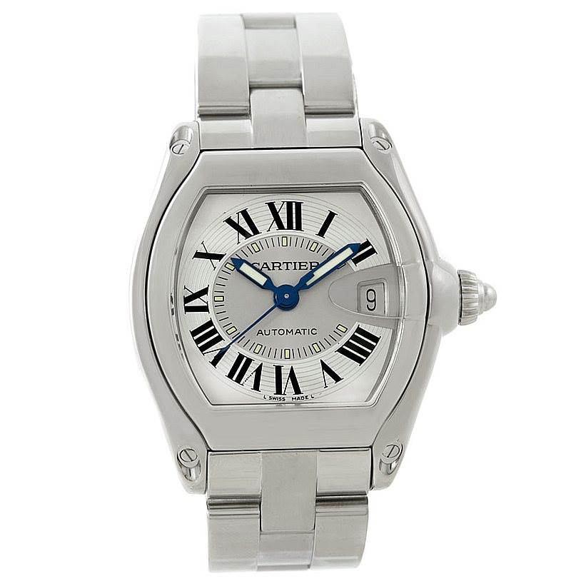 This image shows a front view of the Cartier Roadster W62000V3 Men's Stainless Steel Silver Dial W62000V3 Men's Stainless Steel Silver Dial watch displaying its face, bezel, and metal bracelet.