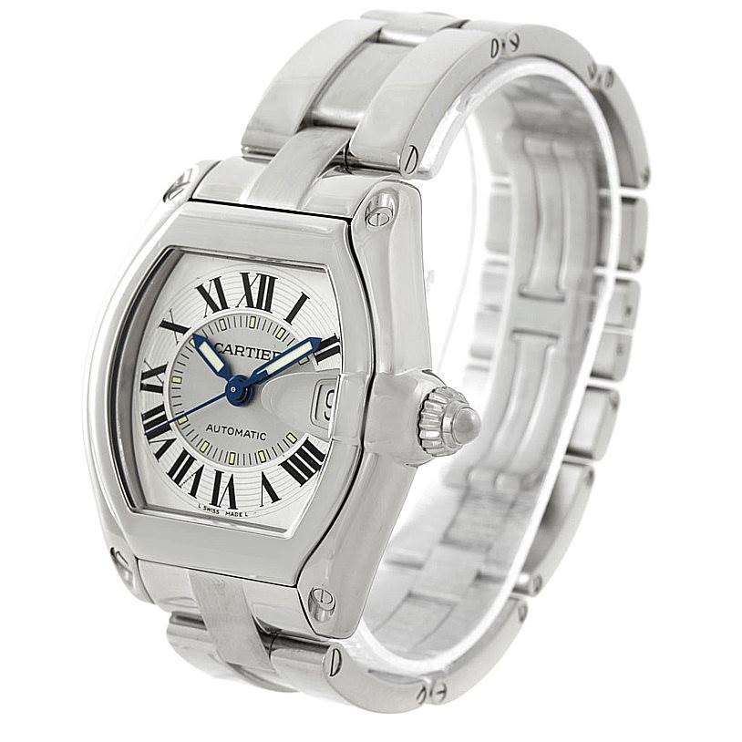 The Cartier Roadster W62000V3 Men's Stainless Steel Silver Dial W62000V3 Men's Stainless Steel Silver Dial watch is shown at an angle highlighting the face, bezel, and bracelet.