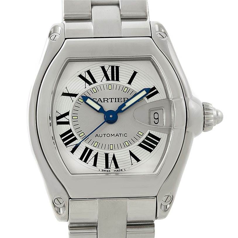 The image shows a front view of the Cartier Roadster W62000V3 Men's Stainless Steel Silver Dial W62000V3 Men's Stainless Steel Silver Dial watch, highlighting the face, Roman numerals, hands, and bracelet.