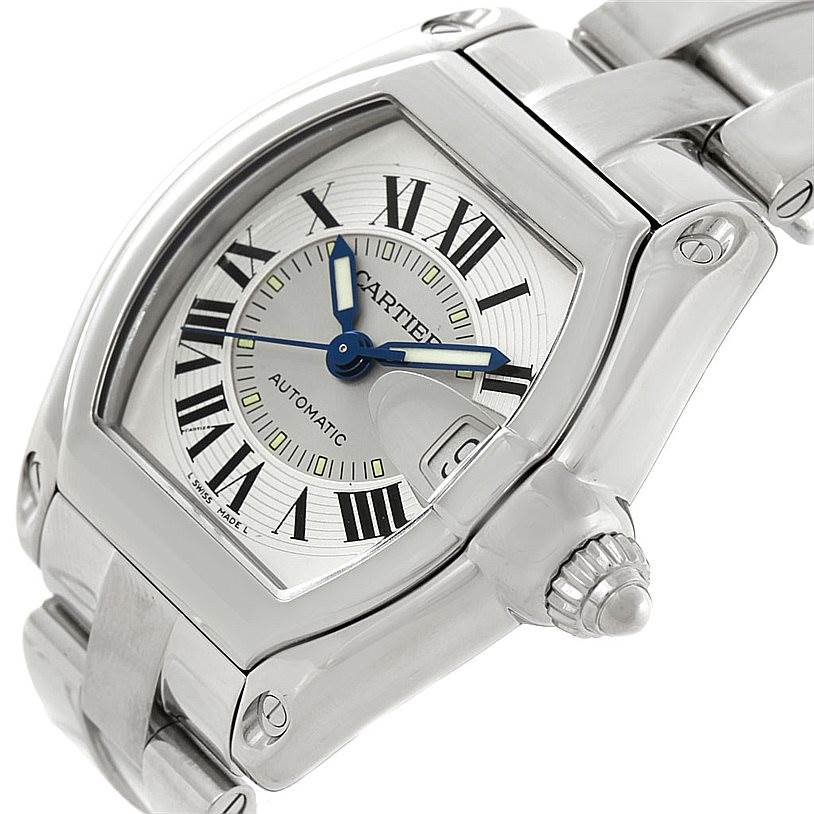 The image shows a close-up angled view of the Cartier Roadster W62000V3 Men's Stainless Steel Silver Dial W62000V3 Men's Stainless Steel Silver Dial watch, highlighting its dial, case, crown, and bracelet.