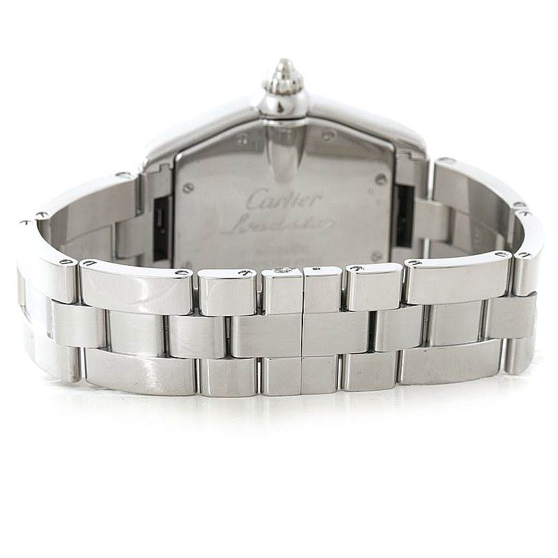 The image shows the back view of the Cartier Roadster W62000V3 Men's Stainless Steel Silver Dial W62000V3 Men's Stainless Steel Silver Dial watch, focusing on the stainless steel bracelet and case back.