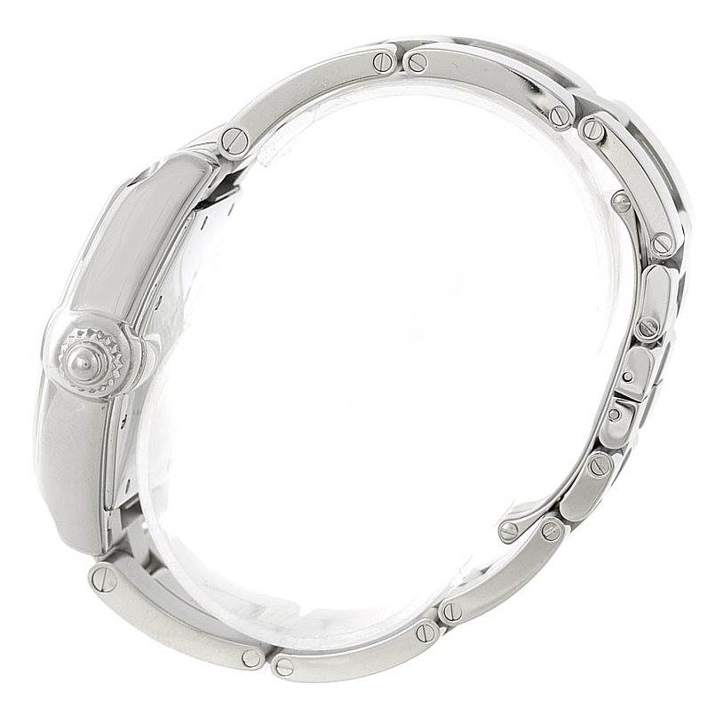 The image shows a side view of the Cartier Roadster W62000V3 Men's Stainless Steel Silver Dial W62000V3 Men's Stainless Steel Silver Dial watch, focusing on its case, crown, and metal bracelet.