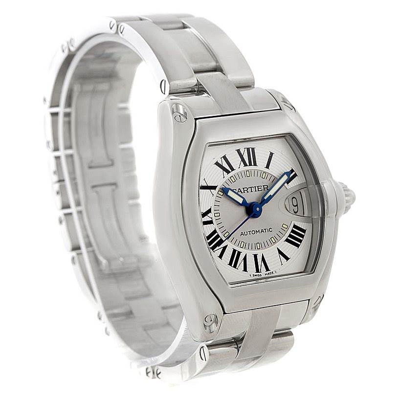 The image shows a Cartier Roadster W62000V3 Men's Stainless Steel Silver Dial W62000V3 Men's Stainless Steel Silver Dial watch angled slightly from the front, highlighting the face, case, and part of the bracelet.