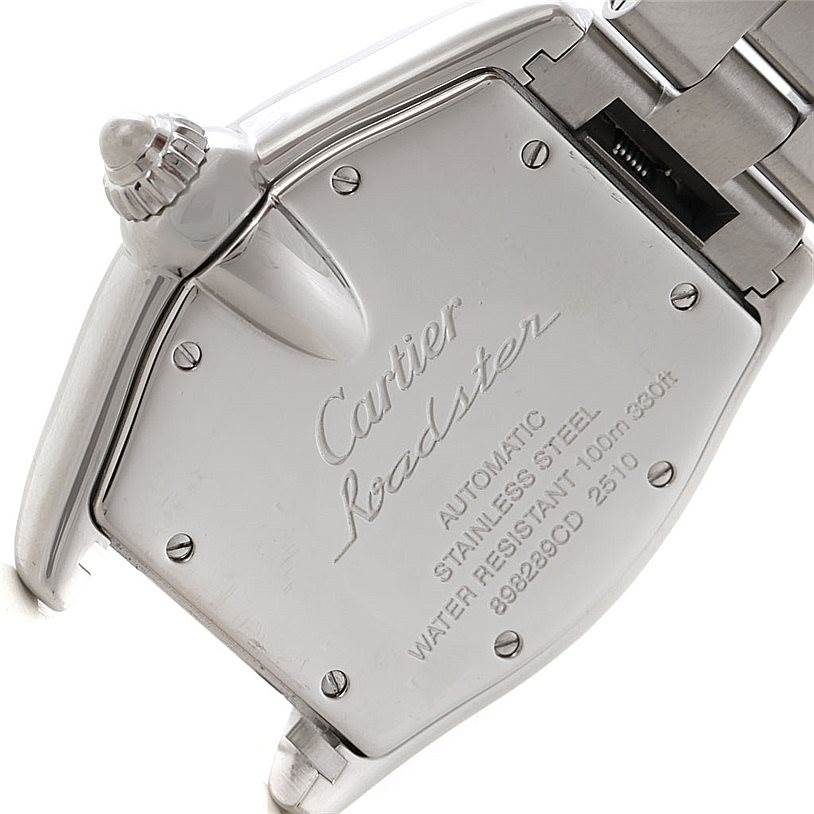The image shows the back case and part of the bracelet with the crown of the Cartier Roadster W62000V3 Men's Stainless Steel Silver Dial W62000V3 Men's Stainless Steel Silver Dial watch.