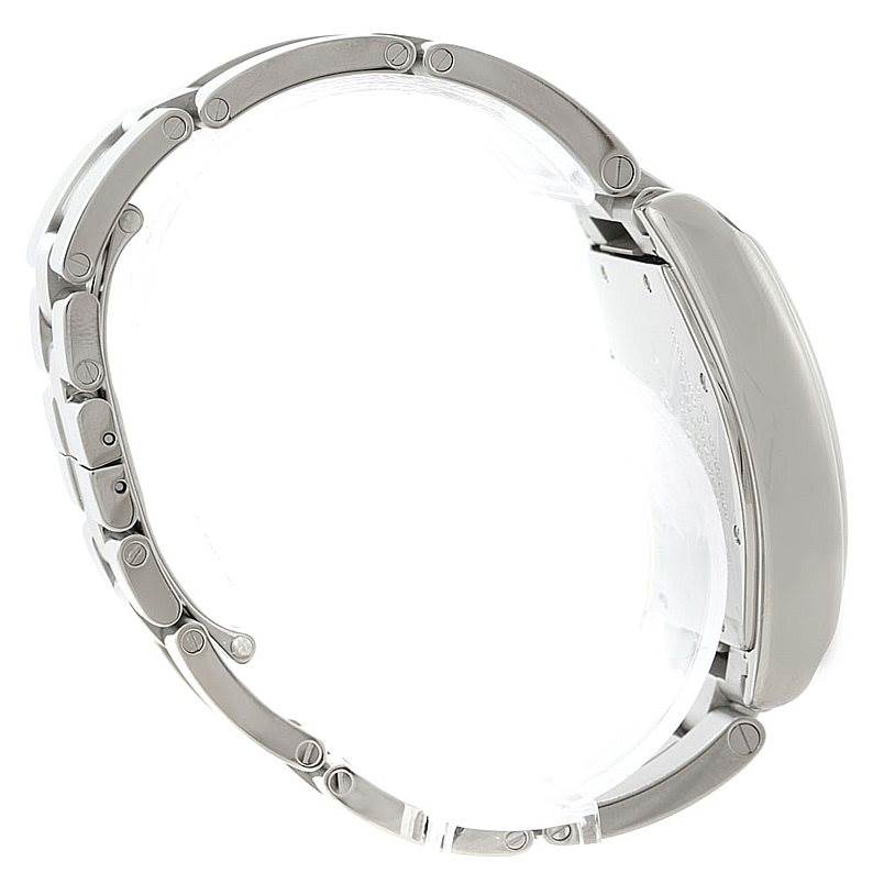 The image shows a side view of the Cartier Roadster W62000V3 Men's Stainless Steel Silver Dial W62000V3 Men's Stainless Steel Silver Dial watch, highlighting its metal bracelet and case.