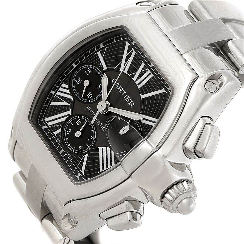 The Cartier Roadster W62020X6 Men's Stainless Steel Black Dial W62020X6 Men's Stainless Steel Black Dial watch is shown from an angled view highlighting its face, crown, and part of the bracelet.