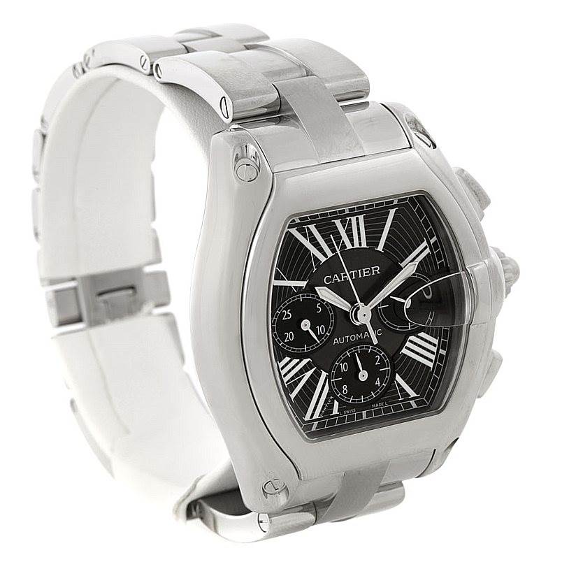 The image shows a Cartier Roadster W62020X6 Men's Stainless Steel Black Dial W62020X6 Men's Stainless Steel Black Dial watch at a slight angle, highlighting its face, strap, and side controls.