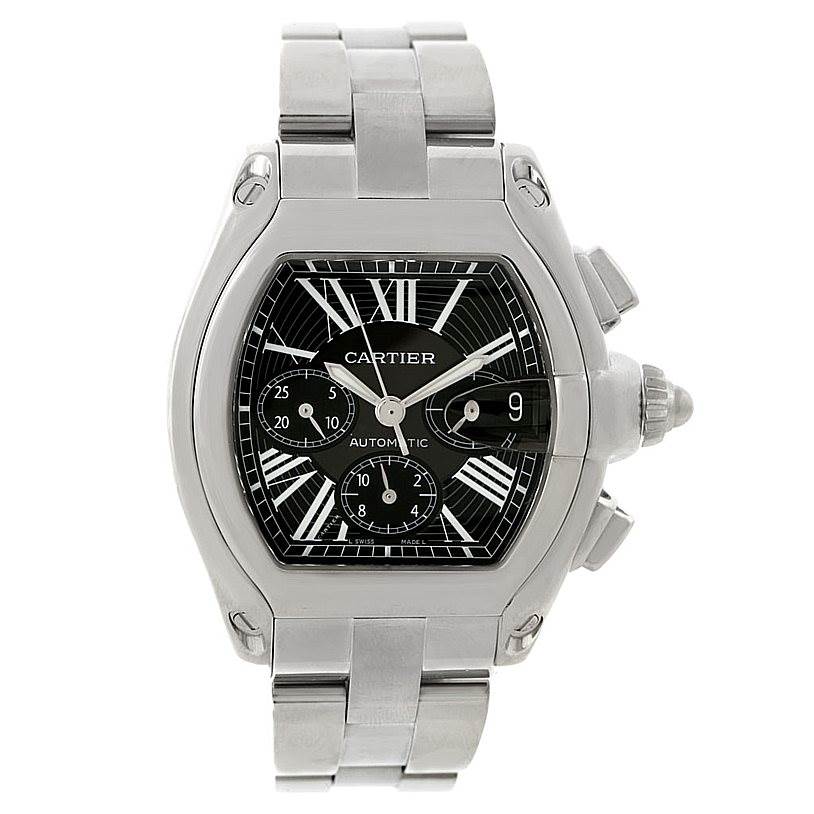 The Cartier Roadster W62020X6 Men's Stainless Steel Black Dial W62020X6 Men's Stainless Steel Black Dial watch is shown from a front angle displaying the face, bezel, and bracelet.