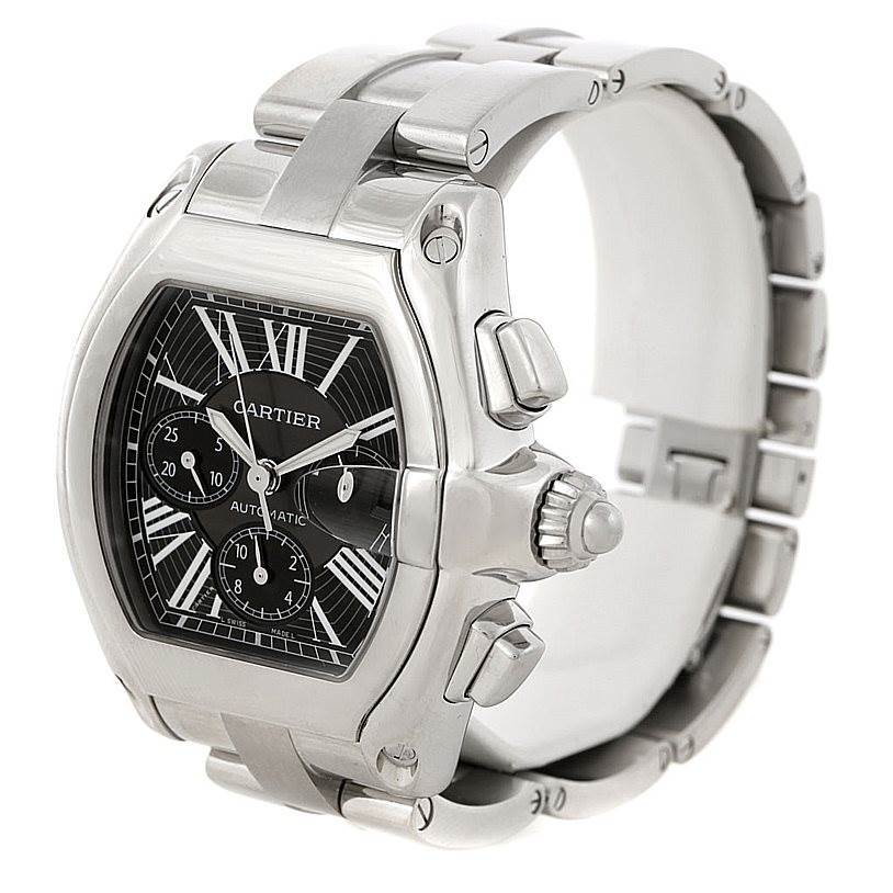 The Cartier Roadster W62020X6 Men's Stainless Steel Black Dial W62020X6 Men's Stainless Steel Black Dial watch is shown at a three-quarter angle, displaying the face, side buttons, and bracelet.