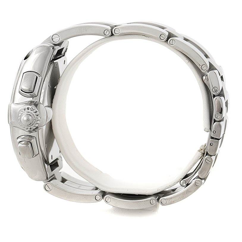 The Cartier Roadster W62020X6 Men's Stainless Steel Black Dial W62020X6 Men's Stainless Steel Black Dial watch is shown in a side view, displaying the case, crown, and link bracelet.