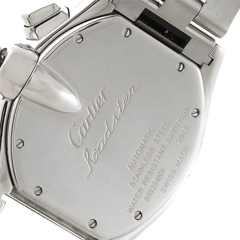 This is a close-up of the back of a Cartier Roadster W62020X6 Men's Stainless Steel Black Dial W62020X6 Men's Stainless Steel Black Dial watch, showing the case back and part of the bracelet.