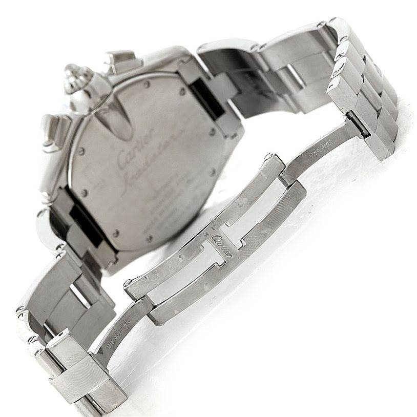 This image shows the back case and partially open clasp of the Cartier Roadster W62020X6 Men's Stainless Steel Black Dial W62020X6 Men's Stainless Steel Black Dial watch.